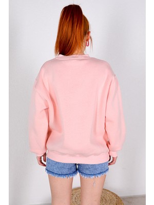 Cof Butik Ön Nakışlı Kadın Sweatshirt Pembe