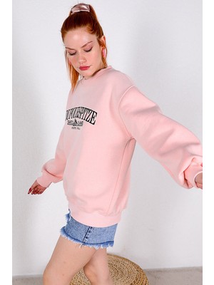 Cof Butik Ön Nakışlı Kadın Sweatshirt Pembe