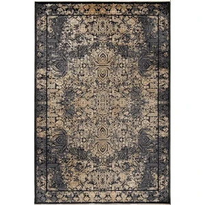 Romans Halı Çam Halı Naturel 1707 Siyah Sarı Romans Halı Klasik Eskitme Desenli Makine Halısı