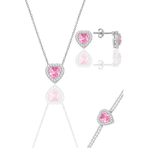 Söğütlü Silver Gümüş Rodyumlu Pembe Taşlı Pırlanta Modeli Kalp Kolye, Küpe, Bileklik Üçlü Set SGTL12211PEMBE