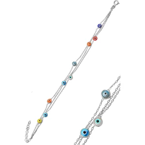 Söğütlü Silver Gümüş Rodyumlu, Renkli Cam Göz Nazar Üç Zincirli Gümüş Bileklik SGTL10613RODAJ