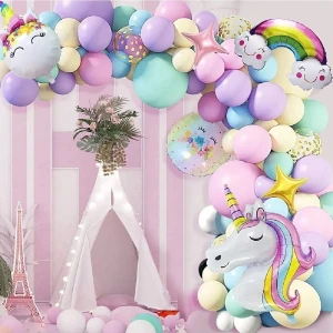 Düvenci Ticaret Gökkuşağı Konsepti Unicorn Temalı Makaron Balon Doğum Günü Parti Kutlama Seti