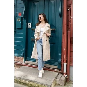 Pamuk Gabardin Uzun (110CM) Astarlı Kemerli Kadın Trençkot 1111
