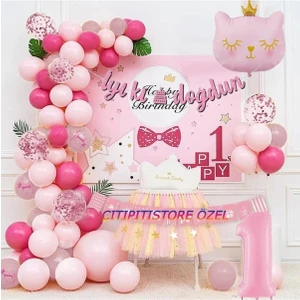 Düvenci Ticaret Pembe Kız Çocuklarına Özel Kedi Folyolu Balon Zincir Set