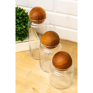 DNS Home 3'lü Ahşap Top Kapaklı 1300 ml - 800 ml - 500 ml Cam Kavanoz Saklama Kabı Baharatlık