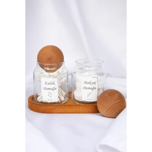DNS Home 2'li Standlı Ahşap Top Kapaklı Makyaj Pamuğu ve Kulak Pamuğu Saklama Kabı Organizeri Banyo Set
