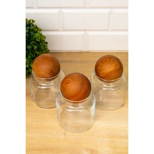 DNS Home 3'lü Ahşap Top Kapaklı 500 ml Cam Kavanoz Saklama Kabı Baharatlık