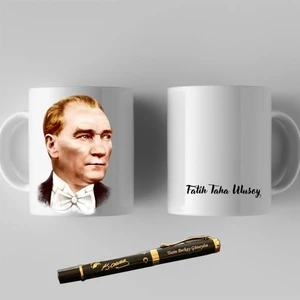 Kişiye Özel Mustafa Kemal Atatürk Resimli Kupa Bardak ve Kalem Hediye Seti