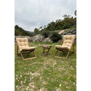 Ahşap Minderli Şezlong Seti Bahçe & Balkon & Teras & Plaj (Katlanır Ikili Set - 2 Şezlong + 1 Sehpa) RH-2001