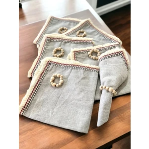 NDC Home 6lı Gri Keten Mini Püsküllü [ahşap Toka Hediyeli] Peçete Takımı