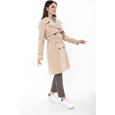 Pastelastore  Pamuk Gabardin Midi (95CM) Astarlı Kemerli Kadın Trençkot