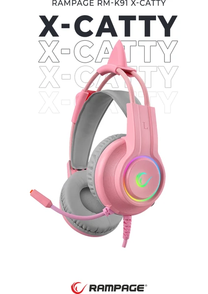 RM-K91 X-CATTY Pembe USB 7.1 Version RGB (Kedi Kulak) Gaming Oyuncu Mikrofonlu Kulaklık