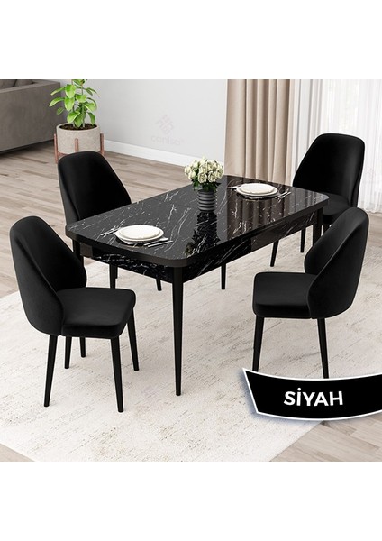 Concept Orf Serisi 80X132 Açılabilir Siyah Mermer Desen Mutfak Masası Takımı ve 4 Sandalye