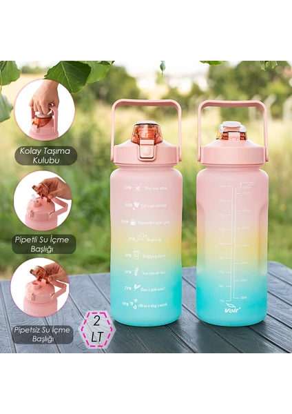 019 Motivasyon Su Matarası - Su Şisesi - Stickerlı Bpa Free Kokusuz Suluk 2 Lt - Pembe