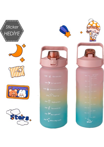 019 Motivasyon Su Matarası - Su Şisesi - Stickerlı Bpa Free Kokusuz Suluk 2 Lt - Pembe