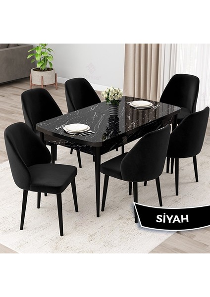 Concept Orf Serisi 80X132 Açılabilir Siyah Mermer Desen Mutfak Masası Takımı ve 6 Sandalye