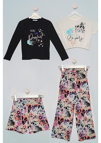 4'lü Batik Desen Çicek Tshirt Pantolon Şort Siyah Takım