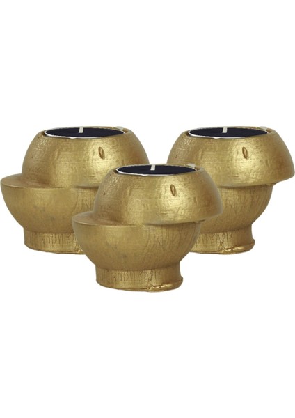 Şamdan Dekoratif Mumluk Altın Şamdan Set 3 Lü (Üçlü) Tealight Ve Uzun Mum Uyumlu Kesik Model