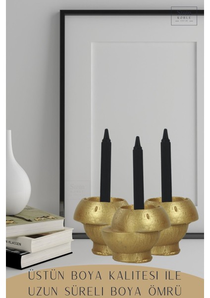 Şamdan Dekoratif Mumluk Altın Şamdan Set 3 Lü (Üçlü) Tealight Ve Uzun Mum Uyumlu Kesik Model