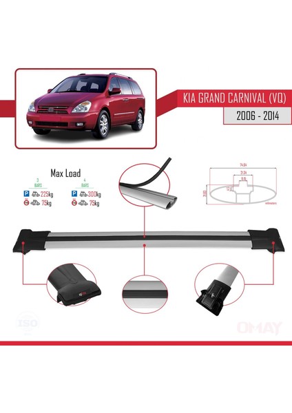 Kia Grand Carnival (Vq) 2006-2014 Arası ile Uyumlu Fly Model Ara Atkı Tavan Barı Gri 3 Adet Bar