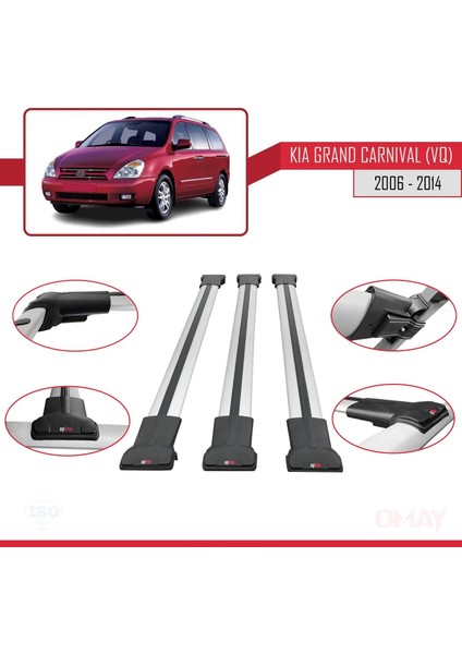 Kia Grand Carnival (Vq) 2006-2014 Arası ile Uyumlu Fly Model Ara Atkı Tavan Barı Gri 3 Adet Bar