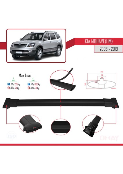 Kia Mohave (Hm) 2008-2019 Arası ile Uyumlu Fly Model Ara Atkı Tavan Barı Siyah 3 Adet Bar