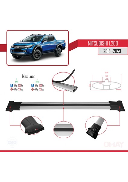 Mitsubishi L200 2015 ve Sonrası ile Uyumlu Fly Model Ara Atkı Tavan Barı Gri 3 Adet Bar