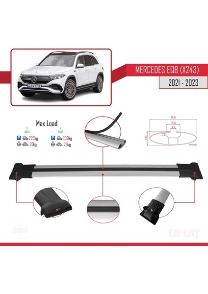 Mercedes Eqb (X243) 2021 ve Sonrası ile Uyumlu Fly Model Ara Atkı Tavan Barı Gri 3 Adet Bar