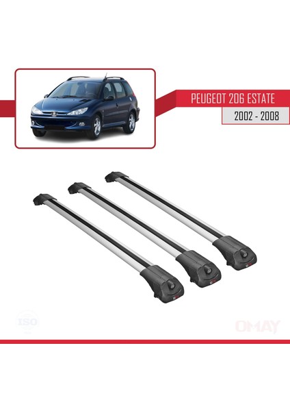 Peugeot 206 Estate 2002-2008 Arası ile Uyumlu Ace-1 Ara Atkı Tavan Barı Gri 3 Adet Bar