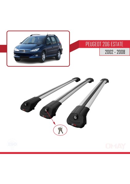 Peugeot 206 Estate 2002-2008 Arası ile Uyumlu Ace-1 Ara Atkı Tavan Barı Gri 3 Adet Bar