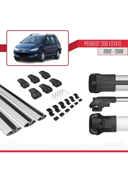 Peugeot 206 Estate 2002-2008 Arası ile Uyumlu Ace-1 Ara Atkı Tavan Barı Gri 3 Adet Bar