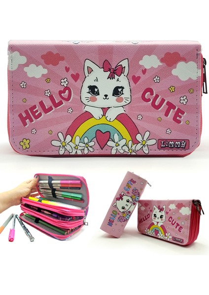 Kalem Kutusu Kitty Kedi Desenli Organizer Kalemkutu Vegan Deri Üç Bölmeli Kalemlik