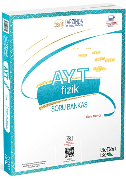 ÜçDörtBeş Yayınları  2024 Yks AYT Fizik Soru Bankası Video Çözümlü - Ümit Akıncı Yayınları