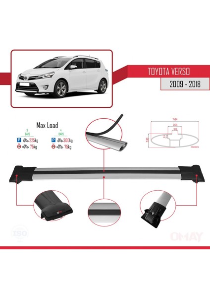 Toyota Verso 2009-2018 Arası ile Uyumlu Fly Model Ara Atkı Tavan Barı Gri 3 Adet Bar