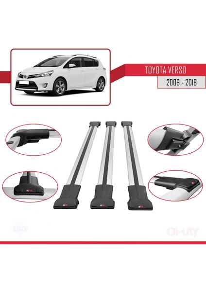 Toyota Verso 2009-2018 Arası ile Uyumlu Fly Model Ara Atkı Tavan Barı Gri 3 Adet Bar