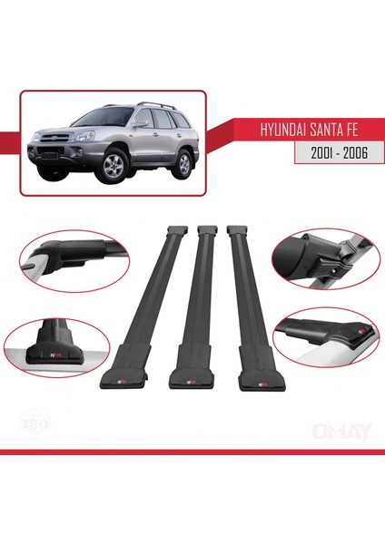 Hyundai Santa Fe (Sm) 2001-2006 Arası ile Uyumlu Fly Model Ara Atkı Tavan Barı Siyah 3 Adet Bar