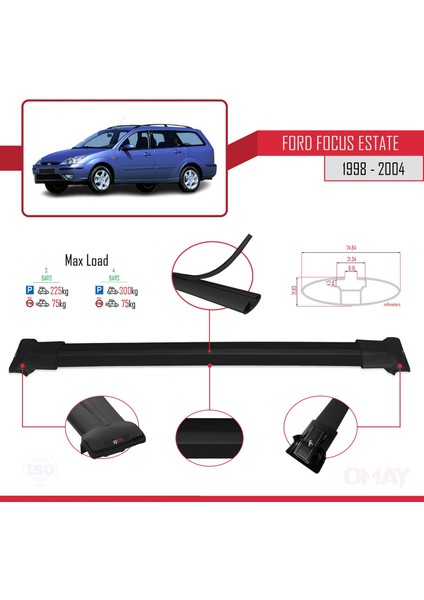 Ford Focus Estate C170 1998-2004 Arası ile Uyumlu Fly Model Ara Atkı Tavan Barı Siyah 3 Adet Bar