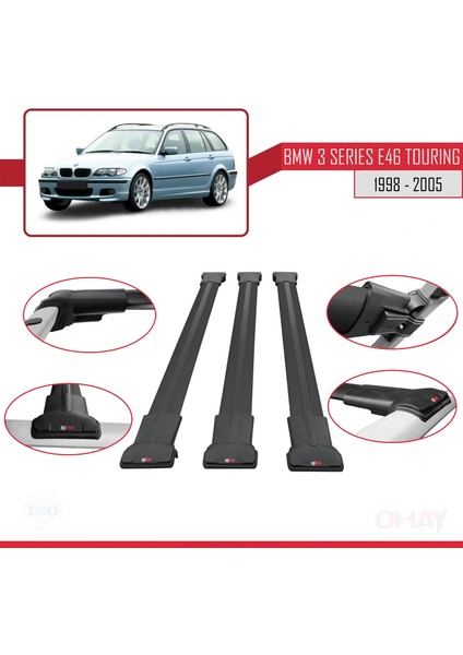 Bmw 3 Serisi (E46) Tourıng 1998-2005 Arası ile Uyumlu Fly Model Ara Atkı Tavan Barı Siyah 3 Adet Bar