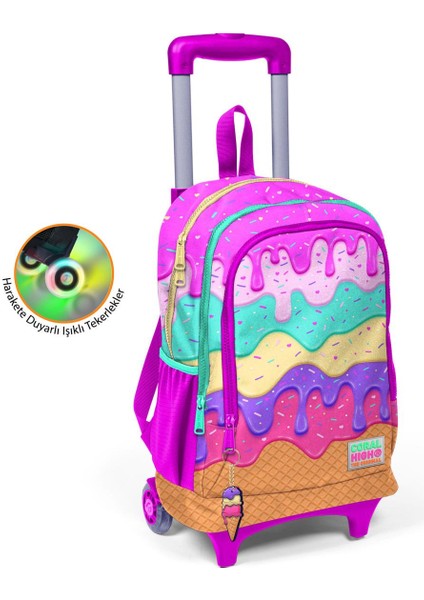 Kids Pembe Rengarenk Dondurma Desenli Üç Bölmeli Çekçekli Okul Sırt Çantası 23931