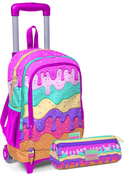 Kids Pembe Rengarenk Dondurma Desenli Üç Bölmeli Çekçekli Okul Sırt Çantası Seti
