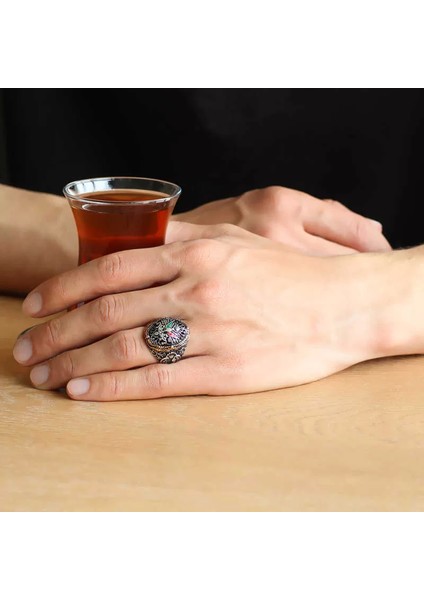 925 Ayar Gümüş Osmanlı Devlet Arma Motifli Mineli Erkek Yüzük