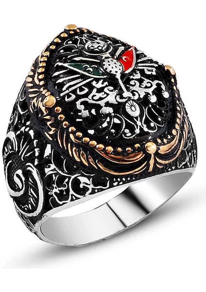 925 Ayar Gümüş Osmanlı Devlet Arma Motifli Mineli Erkek Yüzük fiyatları