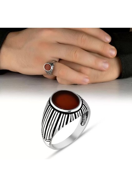 925 Ayar Gümüş Kırmızı Akik Taşlı Çizgili Serçe Parmak Yüzüğü fiyatları