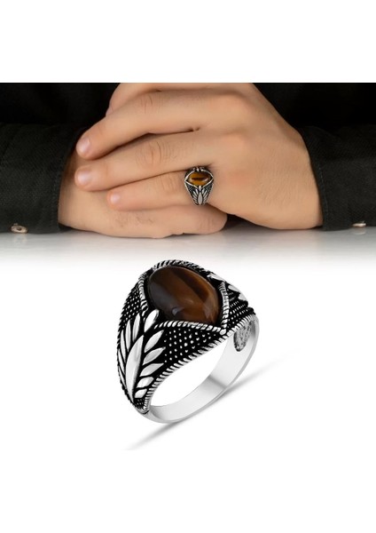 925 Ayar Gümüş Kahverengi Kaplangözü Taşlı Serçe Parmak Erkek Yüzük