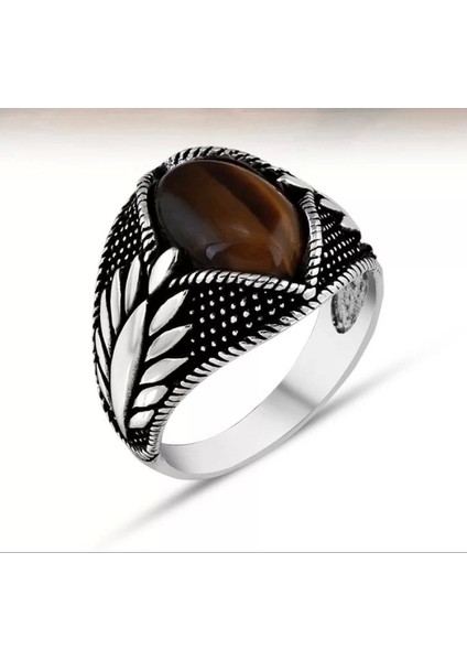 925 Ayar Gümüş Kahverengi Kaplangözü Taşlı Serçe Parmak Erkek Yüzük fiyatları