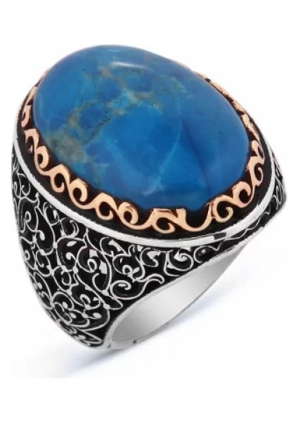 925 Ayar Gümüş Turkuaz Taşlı Büyük Boy Model Erkek Yüzük