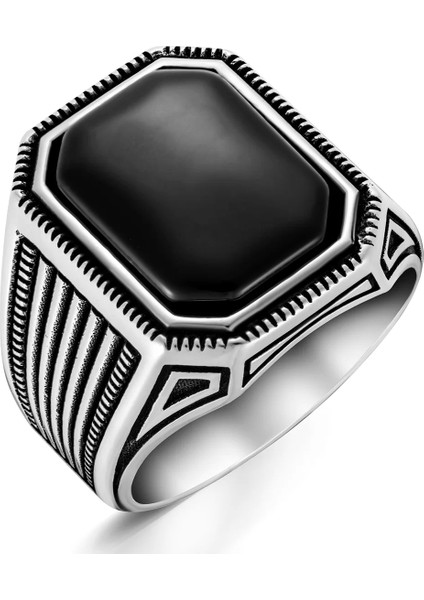 925 Ayar Gümüş Çizgili Siyah Oniks Taşlı Sade Erkek Yüzük fiyatları
