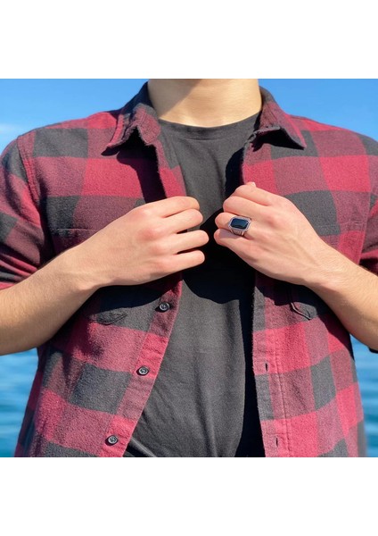 925 Ayar Gümüş Çizgili Siyah Oniks Taşlı Sade Erkek Yüzük fırsatları