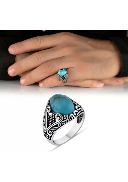 925 Ayar Gümüş Kapşon Kesim Firuze Taşlı Serçe Parmak Erkek Yüzük