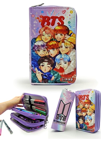 Kalem Kutusu Bts Desenli Kpop Organizer Kalemkutu Vegan Deri Üç Bölmeli Kalemlik